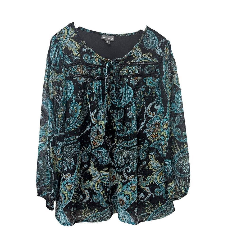 Roz & Ali Peasant Blouse Size Medium Womens Black Green Paisley Chiffon